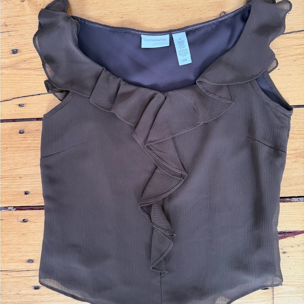 Liz Claiborne Ruffled Brown Sleeveless Blouse